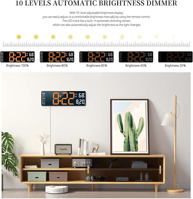 Abovsare Digital Wall Clock for Living Room Decor, Desk Alarm Clock for Bedroom, Large Wall Clock with Remote Control, Automatic Brightness Dimmer LED Clock with Date Temperature Week (Orange-B)