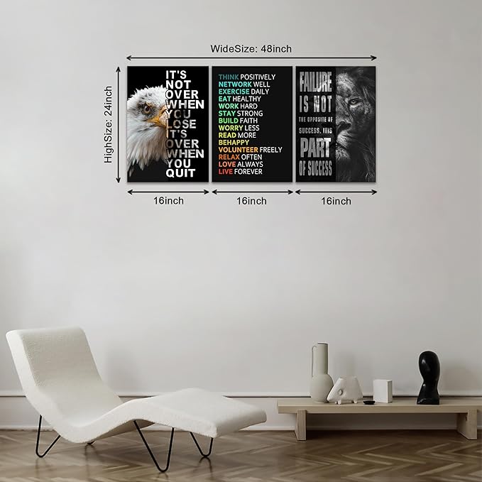 KAWAHONE Motivational Wall Art -Bald Eagle and Lion Inspirational Picture Animal Positive Quotes Wall Poster Framed Motivational Office Decor for Success Ready to Hang