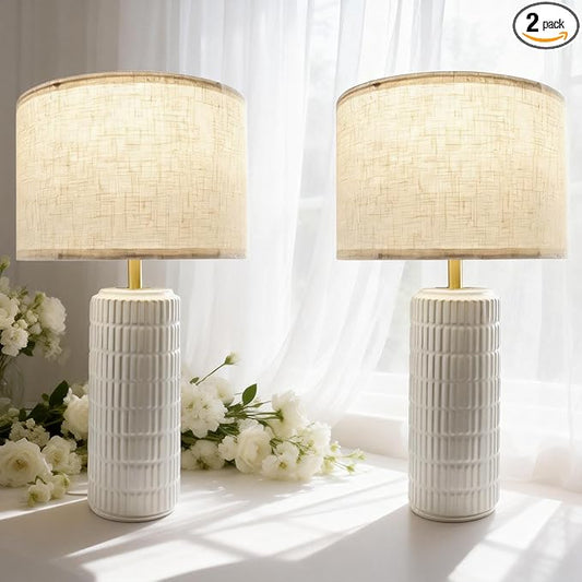 23" Modern Ceramic Table Lamps for Bedroom Set of 2,Farmhouse Bedside Night Stands Lamp for End Table Home Decor,Boho Nightstand Lamps Set of 2 for Living Room, White Desk Lamps for Home Office