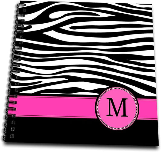 3dRose db_154284_1 Letter M Monogrammed Black and White Zebra Stripes Animal Print with Hot Pink Personalized Initial Drawing Book, 8 by 8-Inch