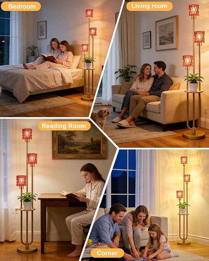 Lightdot 3-Lights Glass Floor Lamp for Living Room Modern Gold Floor Lamp with Rose Red Glass Shade for Wedding/Party Farmhouse Tall Standing Lamp for Bedroom/Sofa Beside/Corner Decor