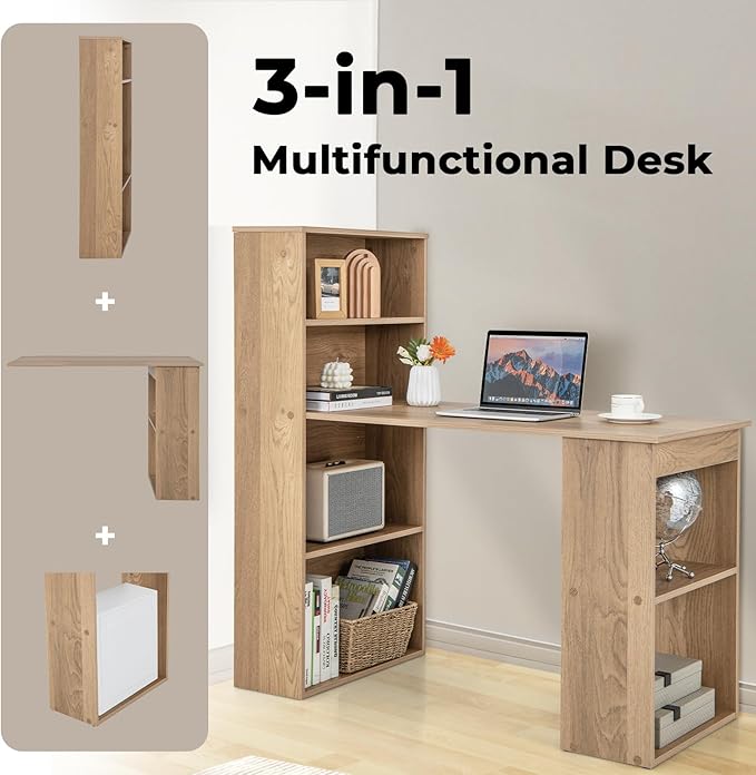 Giantex 48 Inch Computer Desk with Bookshelf, 3-in-1 Home Office Desk with 4-Tier Bookcase & CPU Stand, Space-Saving Reversible Writing Desk Work Table for Bedroom, Study Room, Office (Natural)