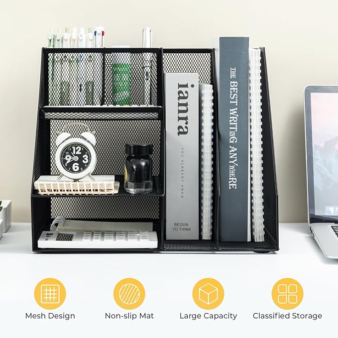 M&G Mesh Pen Holder Desk Organizer, Multi-Functional Pencil Holder with File Holders, Large Capacity Office Desk Accessories, Integrated Design without Installation