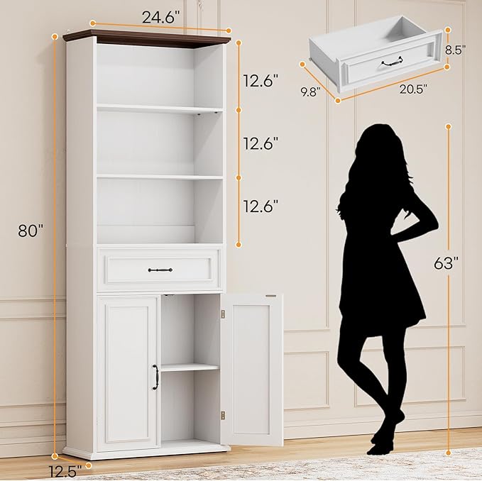 Cyclysio 80" Tall Bookcase Set of 2, Farmhouse 2 Set Bookshelves with Drawer and Doors, Floor Standing 6 Shelf Display Storage Cabinet for Home Office, Living Room (2, Antique White/Walnut)