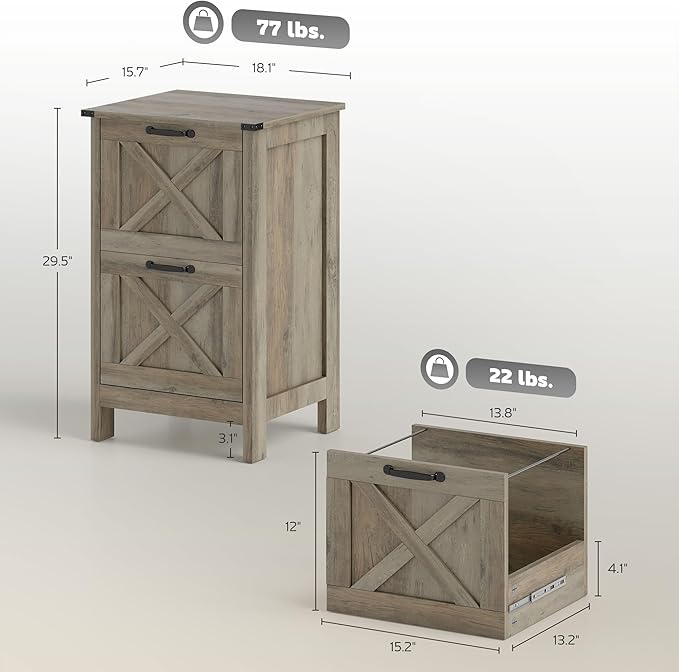 HOMCOM 2 Drawer Vertical File Cabinet with Silent Slides, Rustic Farmhouse Filing Cabinet with Barn Doors for A4/Letter Size, Printer Stand with Storage for Home Office, Distressed Gray