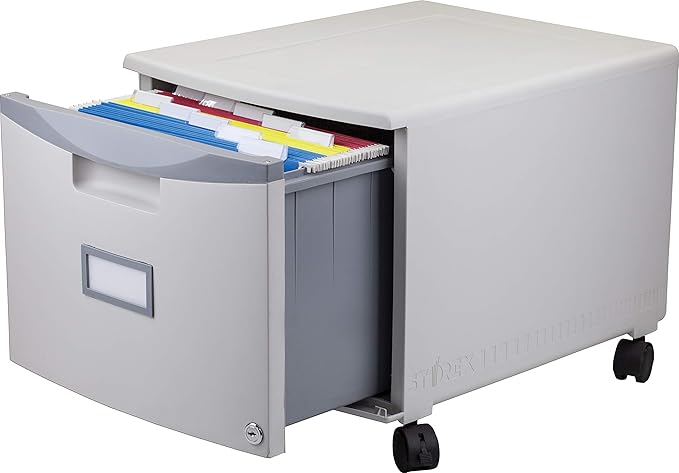 Storex Plastic One-Drawer File Cabinet – Locking Document Organizer with Casters for Home and Office, Gray, 1-Pack (61263A01C)