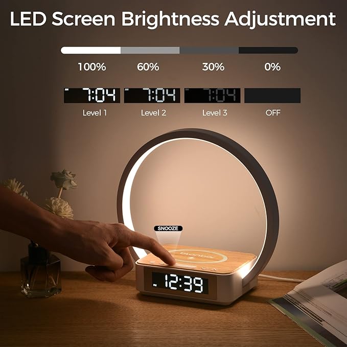 Desk Lamp with Alarm Clock Qi Wireless Charger, Touch Lamp for bedroom 3 Light Hues, Bedside Lamp 10W Max Wireless Charging Table Lamp LED Eye-Caring Reading Nightstand Light for Living Room
