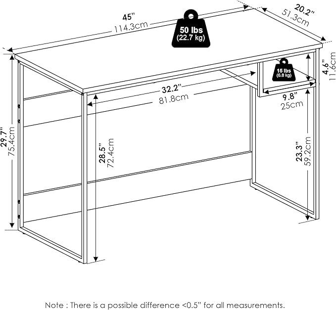 Furinno Moretti Desk, 45" Wide Metal Frame Gaming Desk with Open Shelf, Computer Desk, Writing Desk, Office Desk for Home Office, Study Room, Dorm, Bedroom, Solid White