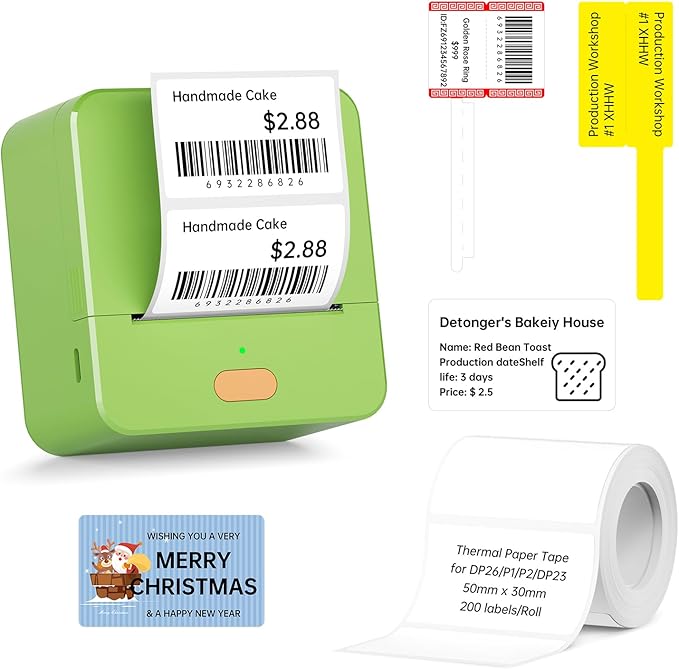 Label Maker Machine with Tape P1 2 Inch Thermal Portable Bluetooth Shipping Label Printer Sticker Maker Labeling Machine Home Office School Business Use Rechargeable Battery Included Green
