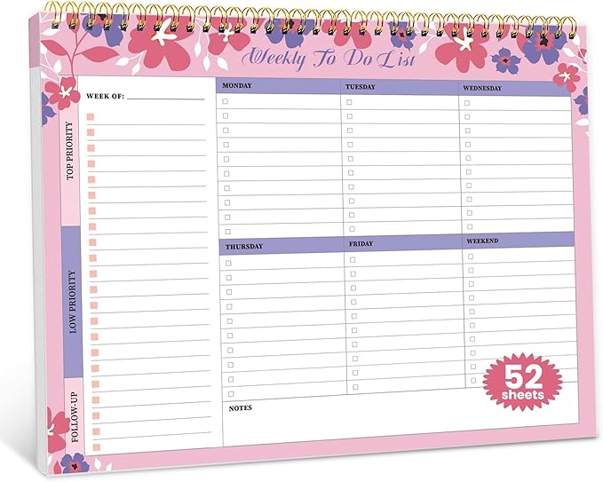 Weekly To Do List Notepad with 52 Undated Sheets（8.5"×11"）- Undated Weekly Planner Notepad for Office Desk Accessories and Supplies - Petal Pink