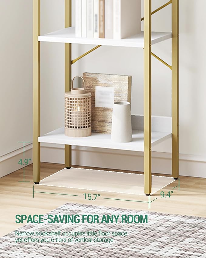 Bookshelf, Book Shelf, Industrial Bookcase with 2 Hooks, Coner Shelf Storage Organizer for Home Office, Living Room, Bedroom, Kitchen, 6-Tier White-Gold BC10713G