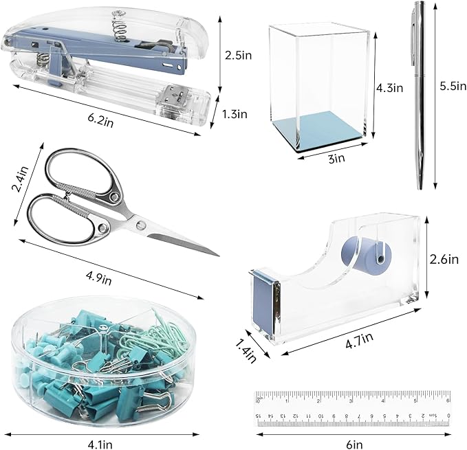 DRQ Blue Desk Organizers and Accessories Office Supplies, 10Pcs Set for Office with Stapler, Tape Dispenser, Pens, Pen Holder, Phone Holder, Tape, Ruler, 1 Box Staple, Scissors and 1 Box of Clip