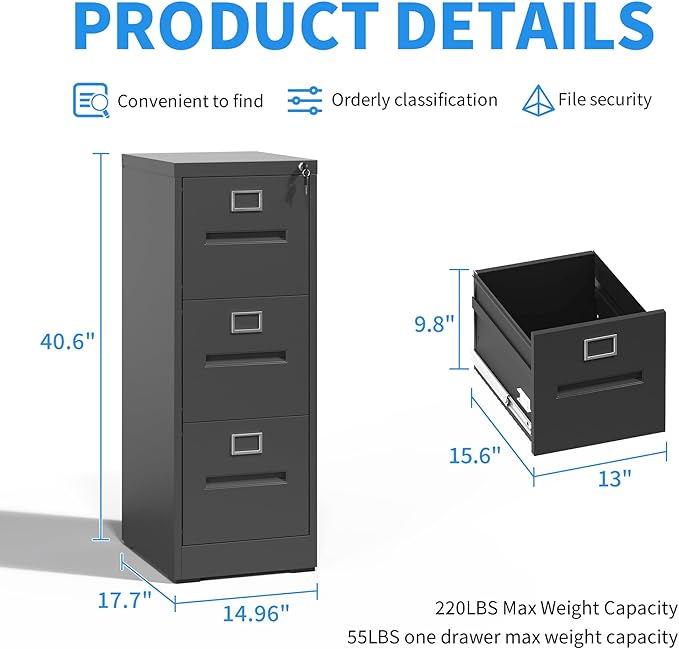 3 Drawer File Cabinet, Vertical File Cabinet with Lock, Metal Locking Filing Storage Cabinet for Home Office, Hanging Files for A4/ Legal/Letter, Assembly Required, Black