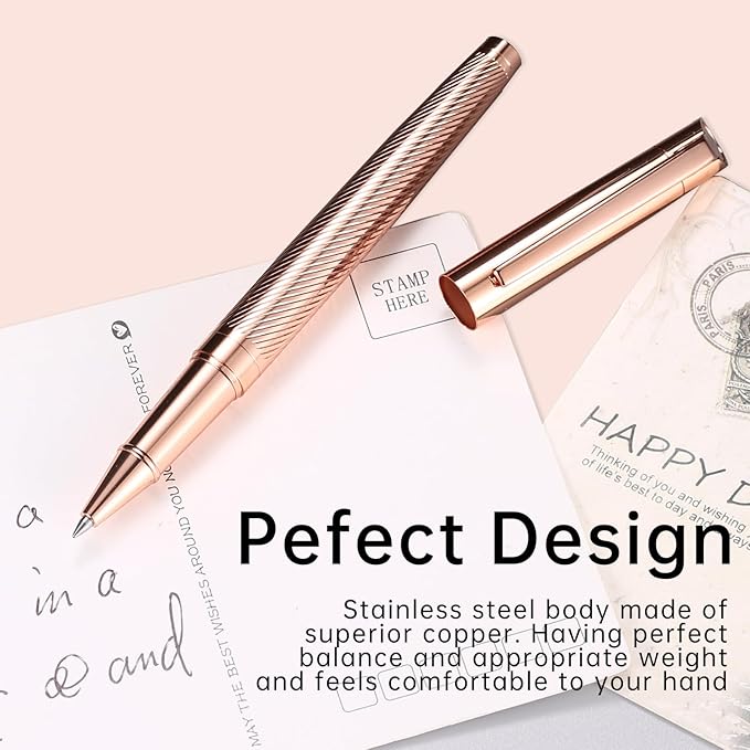 Rollerball Liquid Ink Signature Pens for Women Luxury Box Gel Black Ink Fancy Pen Refillable for Executive Office,Professional,Birthday Nice Gift Penset Rosegold