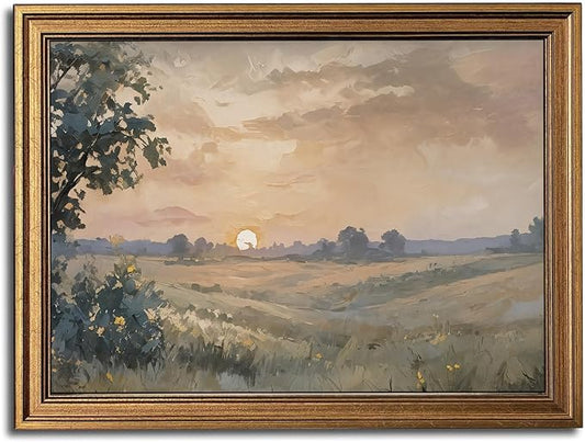 Gold Framed Wall Art Vintage Canvas Wall Art Fall Sunset Nature Landscape Artwork Prints Picture for Living Room Bedroom Farmhouse Bathroom Office Decor, 12x16