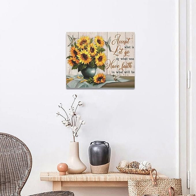 yerretin Farmhouse Sunflower Wall Art Sunflower Pictures Wall Decor Rustic Canvas Painting Modern Artwork Home Decorations for Bathroom Dining Room Kitchen Bedroom Office Framed 20"x16"