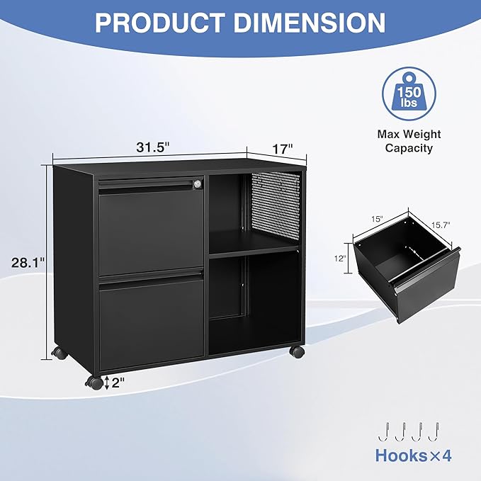 Mobile Lateral File Cabinet with Side Hook, 2 Drawer File Cabinet with Lock fits A4/Letters/Legal Size for Home Office,Metal Rolling Printer Stand with Open Storage Adjustable Shelves(Black)