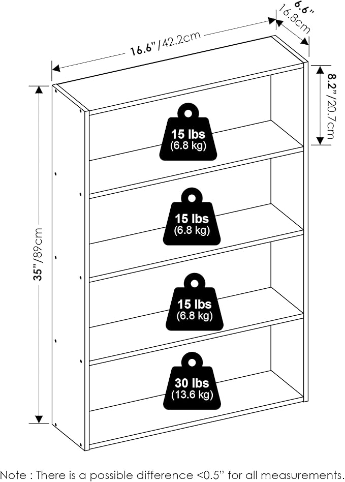 Furinno Basic Book Shelf, 4-Tier Bookcase with Open Shelf, Bookshelf, Cube Storage Organizer, 6 x 24 x 35, for Living Room, Bedroom, Home Office, Amber Pine