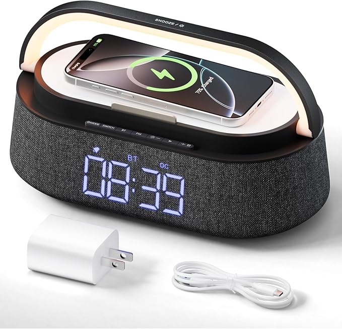 FREEFISH 6 in 1 Bluetooth Speaker with Fast Wireless Charger,FM Radio,Touch LED Night Light,Phone Holder,Snooze,Portable Wireless Speaker for Bedrooms Office Home,Gifts (Black)