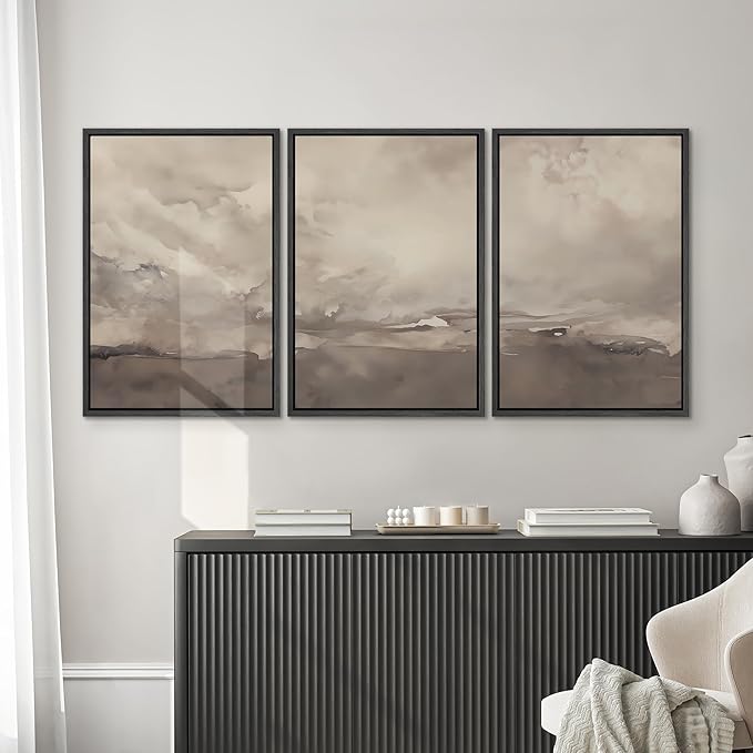 SIGNWIN Framed Canvas Print Wall Art Set Neutral Cloudy Sky Landscape Soft Beige and Taupe Illustrations Modern Art Decorative Boho Relax/Zen Nordic for Living Room, Bedroom, Office - 16"x24"x3 Black
