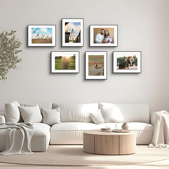 Golden State Art, Gallery Wall Frame Set of 6 - Black 14x18 Aluminum Photo Frames with Mat for 11x14 Pictures - 14 x 18 inch Metal Frame with Real Glass Cover - Elegant Home or Office Decor