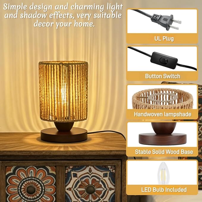 Rattan Table Lamp, Boho Bedroom Bedside Small Lamps with Warm White LED Bulb, Vintage Wooden Nightstand Nightlight, Rustic Handmade Woven End Desk Lamps for Bedroom Living Room Study Kids Room