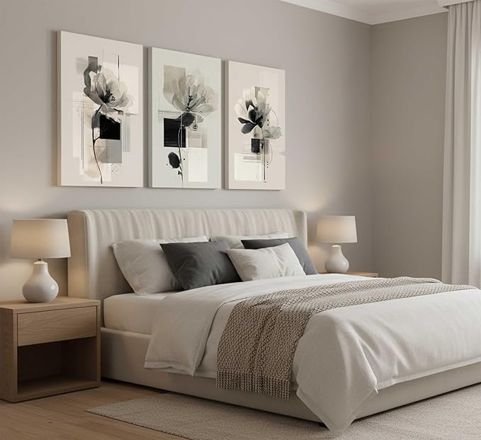 3Pcs Modern Abstract Floral Canvas Wall Art Minimalist Neutral Beige And Black Flower Botanical Painting Picture Wall Decor Poster Print Artwork for Living Room Bedroom Home Decoration