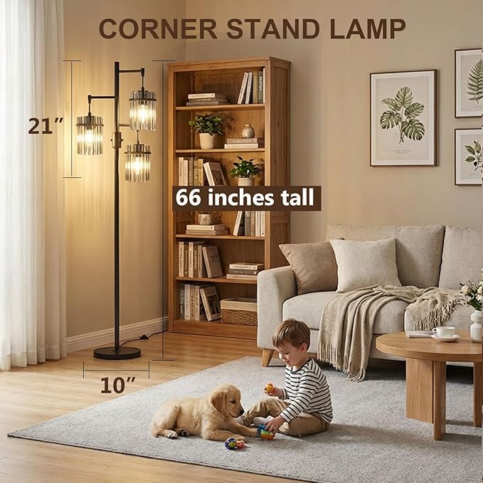 Industrial Modern Floor Lamps for Living Room, Dimmable Glass Tree Standing Tall Lamps with 3 Elegant Teardrop Cage Head & 1200 Lumens LED Bulbs for Bedroom Office (66inch Tall)