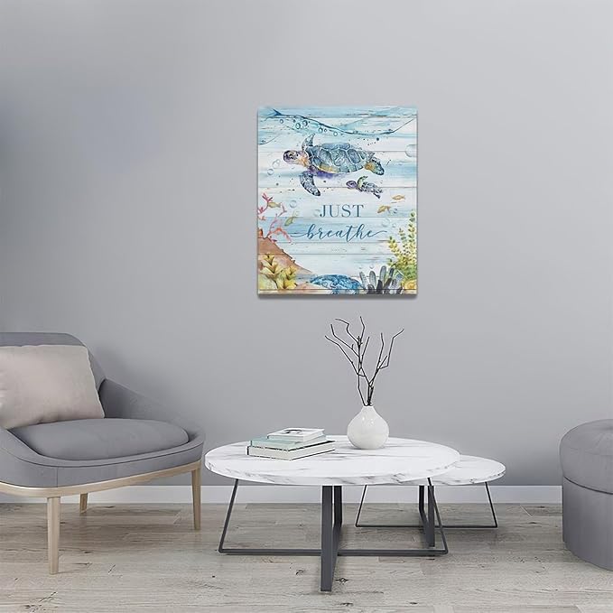 Ocean Sea Turtle Wall Art Nautical Just Breathe Pictures Wall Decor Beach Seaweed Canvas Coastal Painting Modern Artwork Home Decoration for Bathroom Living Room Bedroom Office Framed 20"x24"