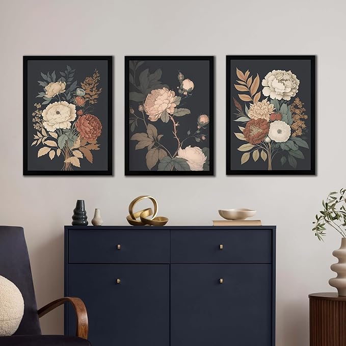 Wall Art Floral Prints Set of 3 Vintage Botanical Wall Decor for Living Room Bedroom Office Art Prints 12x16 Inches Wood Framed Easy to Hang