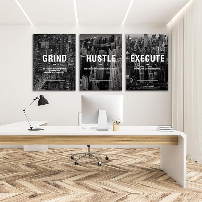 COSCTOR Set of 3 Motivational Wall Art Canvas for Office Workplace Garage Gym Living Room Bedroom Grind Hustle Execute Black and White Wall Decor Inspirational Quotes Posters for Paintings(Framed,12x16)