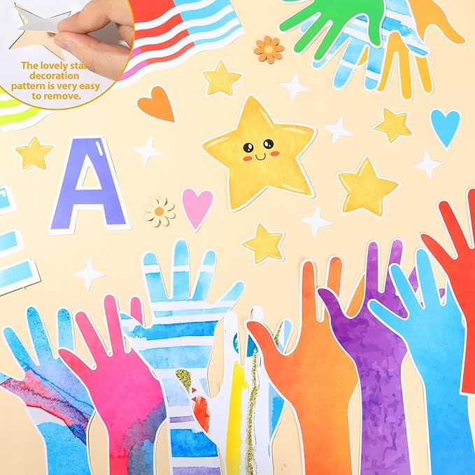 Reach for The Stars Bulletin Board Decorations Set Welcome Back to School Colorful Handprint Paper Cutouts Motivational Classroom Bulletin Board Decor for Preschool Supplies Door Chalkboard Wall