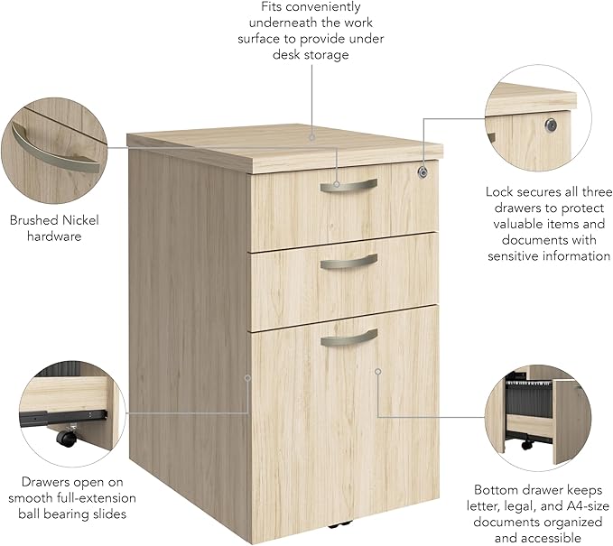 Bush Business Furniture 3 Drawer Rolling File Cabinet, Under Desk Storage, Office in an Hour Collection, Natural Elm