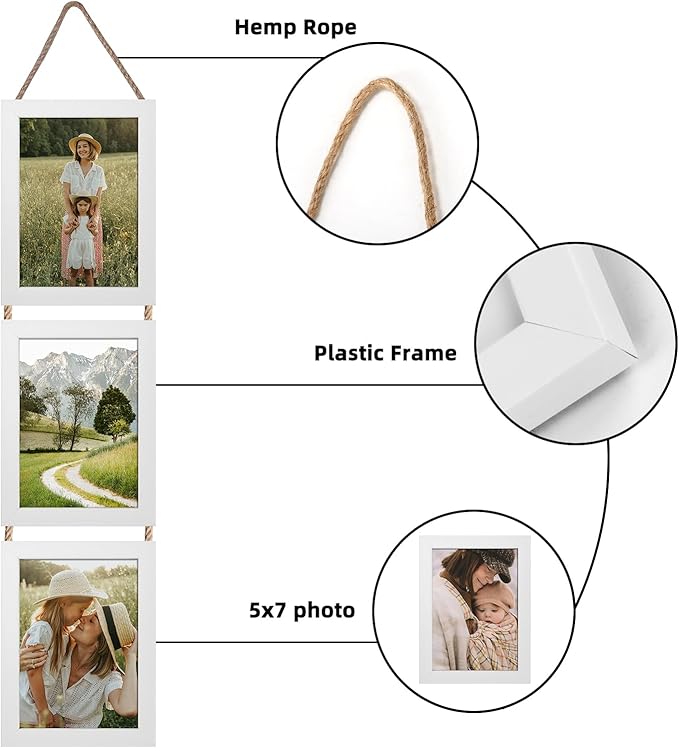 Lavezee 5x7 White Hanging Collage Picture Frames Set of 2, 6 Opening Vertical Frame Made to Display 5 by 7 Inch Photo for Wall Decor