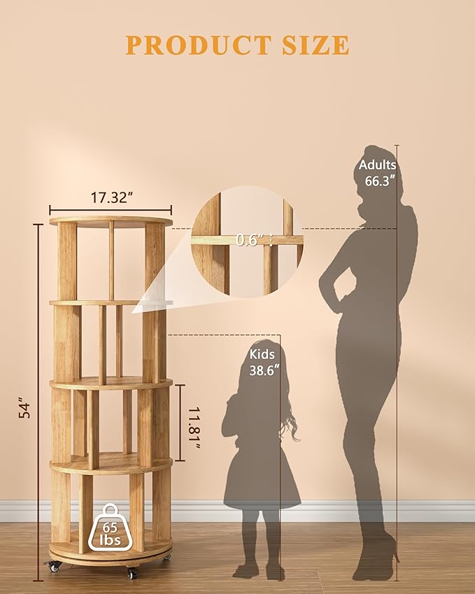 Rotating Bookshelf, 4 Tier Solid Wood Bookshelf Tower with Lockable Wheels, 360° Spinning Revolving Bookcase for Small Spaces, Corners, Bedroom, Kids Room, Home Office, Natural