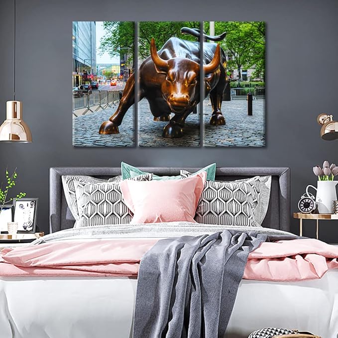 TUMOVO Canvas Wall Art 3 Piece Full of Courage and Strength Wall Street Bull Picture Print on Canvas America Landscape Poster Artwork for Living Room Dining Room Bedroom Ready to Hang - 42" Wx28 H