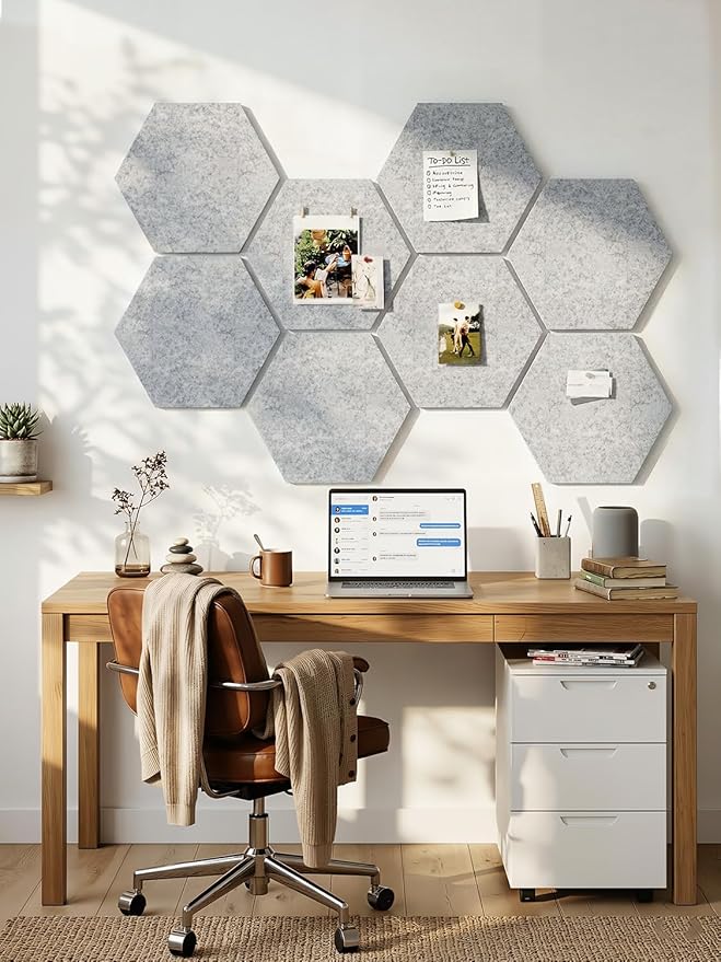 8 Pack Hexagon Felt Bulletin Board Tiles - 11.8" Large Thick Pin Board for Walls with 30 Push Pins, DIY Boards for Office Home School Decor, Aesthetic Hex Cork Board Alternative