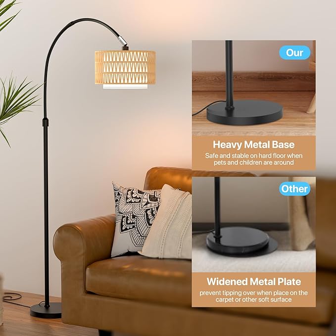 Arc Floor Lamp with Remote Control, Dimmable LED Floor Light with 3 Color Temperature, Black Standing Lamp with Rattan & Fabric Double Drum Shade, Boho Farmhouse Tall Floor Lamp for Living Room