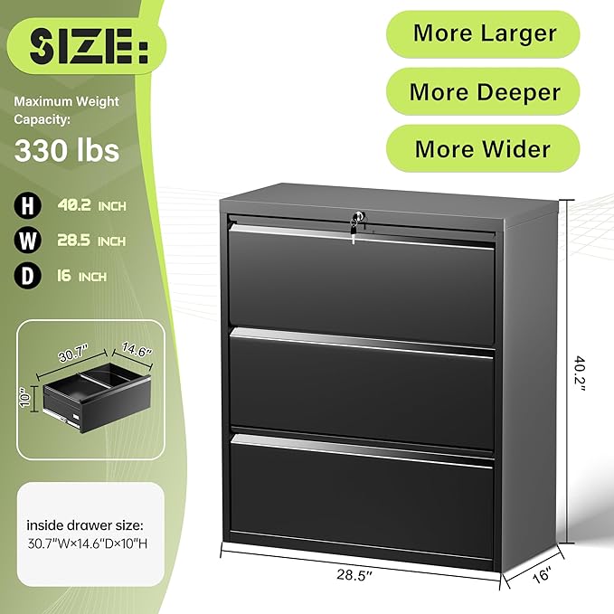 Crownland Lateral File Cabinet with 3 Drawers, 28" W Metal Lockable Office File Cabinets for Home Office- Stores Letter/Legal/A4/F4 Files(Black)