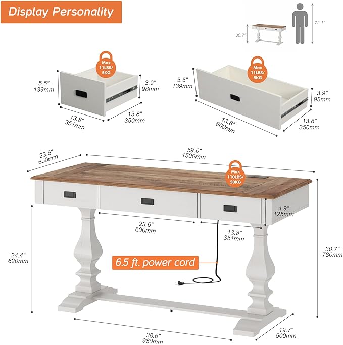 WAMPAT 60-inch Vintage Executive Desk with Charging Station, Featuring T-Style Solid Wood Legs with Anti-Slip Tips,3 Deep Drawers and Ergonomic Scalloped Edges,for Home Office,Study,Antique White