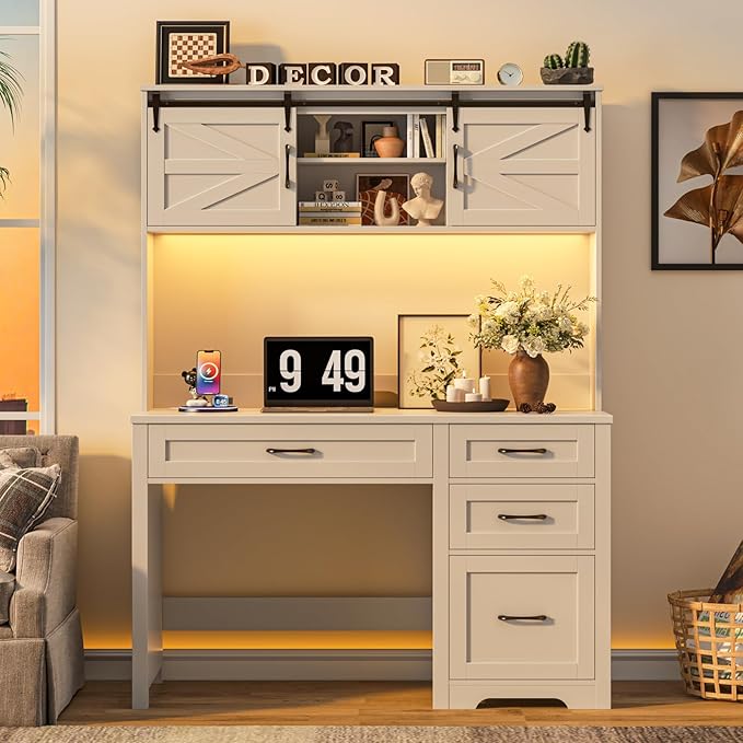 Farmhouse 67" H Executive Desk with Hutch,Computer Desk with Charging Station,Office Table with LED light and 4 Drawers,File Drawers and Storage Cabinet,Workstation for Home Office.Cream White