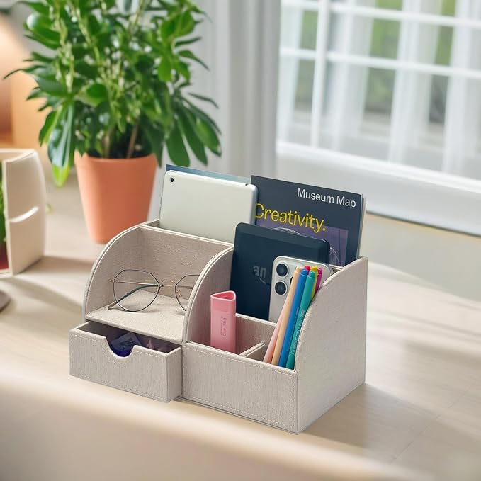 UnionBasic Desk Organizer - Multifunctional Leather Desktop Pen Holder Storage Box - Business Card/Pen/Pencil/Mobile Phone/Stationery Holder, Beige