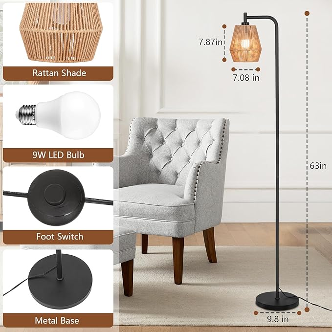 Rattan Floor Lamps for Living Room,Boho Floor Lamp with 3 Color Temperatures,Farmhouse Standing lamp with Hand-Worked Wicker shade,Black tall light for Bedroom,Office,Corner(9W LED Bulb Included)