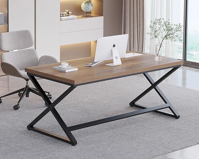 IBF 60” Rustic Computer Desk, Modern Wood Metal Home Office Desk, Farmhouse Work Desk for Writing Study in Bedroom, Minimalist Laptop Executive Workstation Computer Gaming Table, Rustic Oak, 60 in