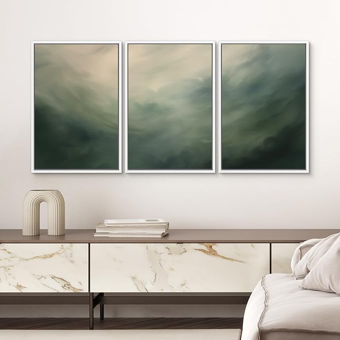 SIGNWIN Framed Canvas Print Wall Art Set Green Abstract Cloudy Landscape Illustrations Modern Art Decorative Boho Relax/Zen Nordic for Living Room, Bedroom, Office - 24"x36"x3 White