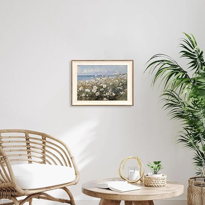ASTRDECOR Framed Canvas Wall Art Room Decor, Vintage Landscape Wall Art for Home Decor Aesthetic Artwork, Coastal Scenery Nature Rustic Farmhouse Wall Decor for Living Room, White Wildflowers Oil Painting Pictures Bathroom Wall Decor- 12''x16''