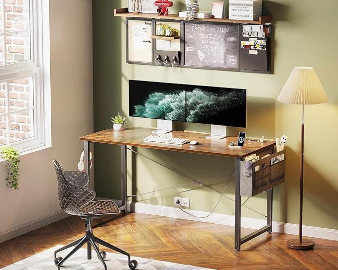 KKL Small Desk with Power Outlets and USB Port Computer Desk for Home Office Gaming Simple Modern Style Writing Desks with Storage Bag Headphone Hook, 48 inch, Rustic Brown