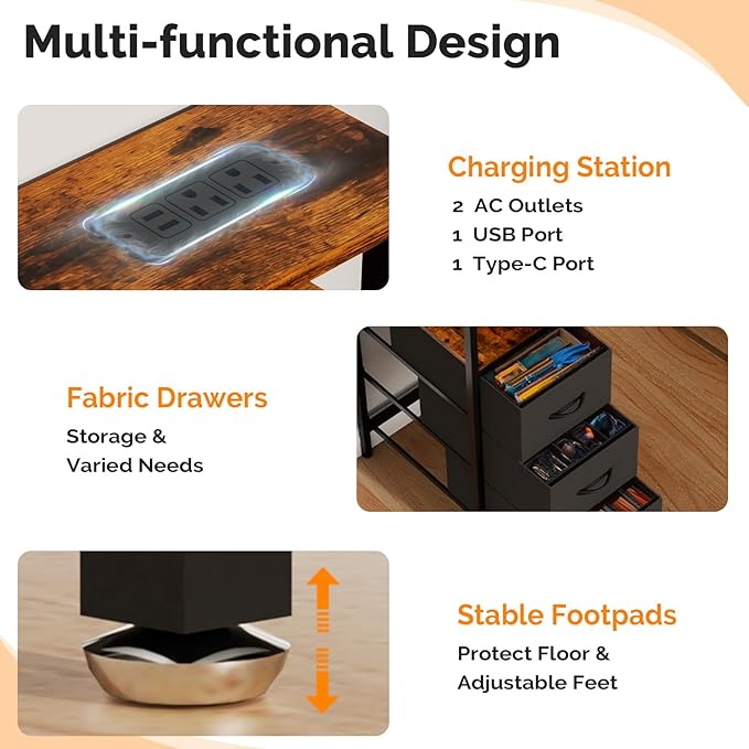 VINGLI 47 Inch L-Shaped Computer Desk, Small Computer Gaming Desk with Fabric Drawers & Storage Shelves, Charging Station, Monitor Stand for Home, Office, Brown