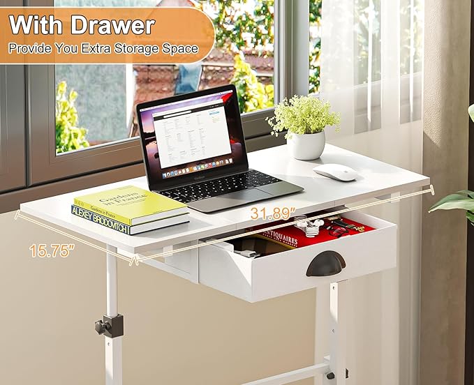 Adjustable Height Standing Desk for Walking Pad Treadmill, Portable Rolling Desk for Laptop with Drawer, Small Moblie Sit to Stand Desk On Wheels with Stiffener for Home Office Dorm Bedroom