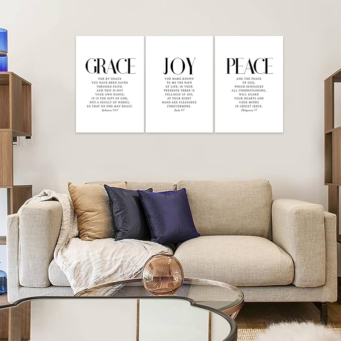3 Piece Inspirational Wall Art White Motivational Mindset Picture, Quote "Grace Joy Peace" Canvas Print for Christian Gifts, Triptych Entrepreneur Poster Framed Artwork for Home Wall Decor(36"Wx24" H)